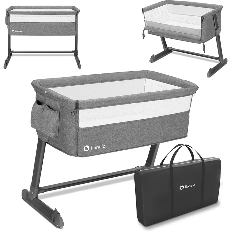 Lionelo Theo 2in1 Baby Bett, Reisebett Baby, Beistellbett Baby ab Geburt bis 9 kg, Höhenverstellung, Einstellung der Neigung, Faltbare Seitenwand, Matratze, Moskitonetz (Grau)