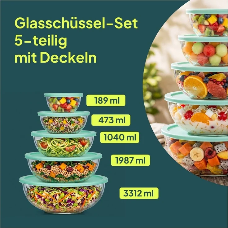 uandu home Vorratsdose 5er Glas-Salatschüssel Set mit Deckel – BPA-frei, (Stapelbar, Spülmaschinen- & Mikrowellenfest, 0.19l-3.3l, Salatschüsseln für Küche & Meal Prep, Borosilikatglas Rührschüssel Set) – Bild 2