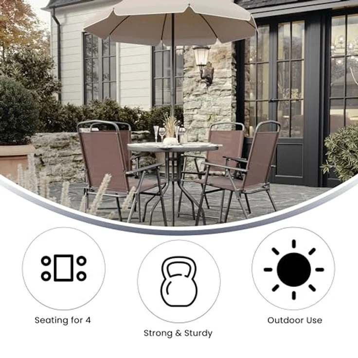 Flash Furniture Nantucket Garten-Set, 6-teilig, Braun, mit Tisch, Sonnenschirm und 4 Klappstühlen – Bild 5