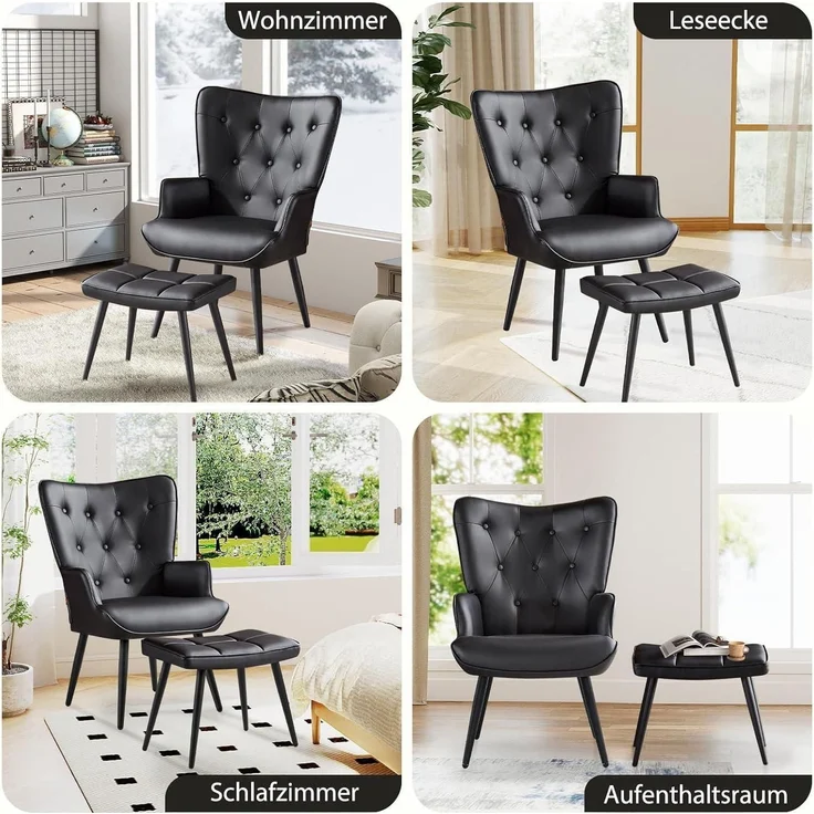Sessel Ohrensessel Relaxsessel Kunstleder mit Hocker Schwarz pu – Bild 4