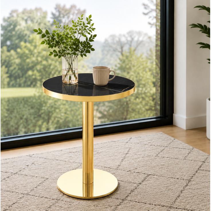 Runder Beistelltisch 59,5cm×59,5cm×73,5cm mit Marmoroptik – Tischplatte und goldfarbenem Edelstahlgestell – Bild 2