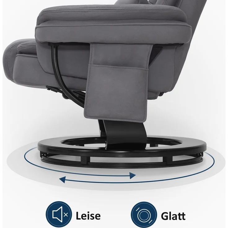 M MCombo Relaxsessel mit Liegefunktion, Lesesessel, 360° Drehbarer Fernsehsessel, mit Hocker, mit Kissen & Seitentasche, bis 120 Kg Belastbarer TV-Sessel für Wohnzimmer, 9099 (Grau-Mikrofaser) – Bild 5