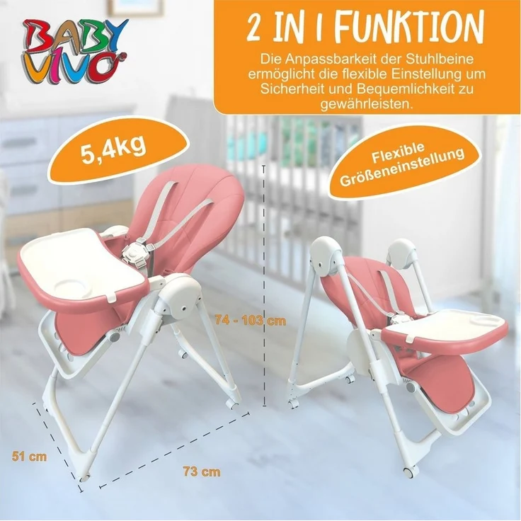 Baby Vivo Hochstuhl Design Kinderhochstuhl aus Kunststoff - Tippy in Bubblegum – Bild 3
