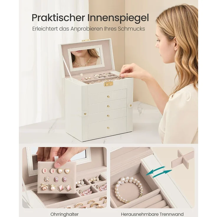 SONGMICS Schmuckbox mit 5 Ebenen, Schmuckkasten, mit Innenspiegel, abschließbar, weiß – Bild 5