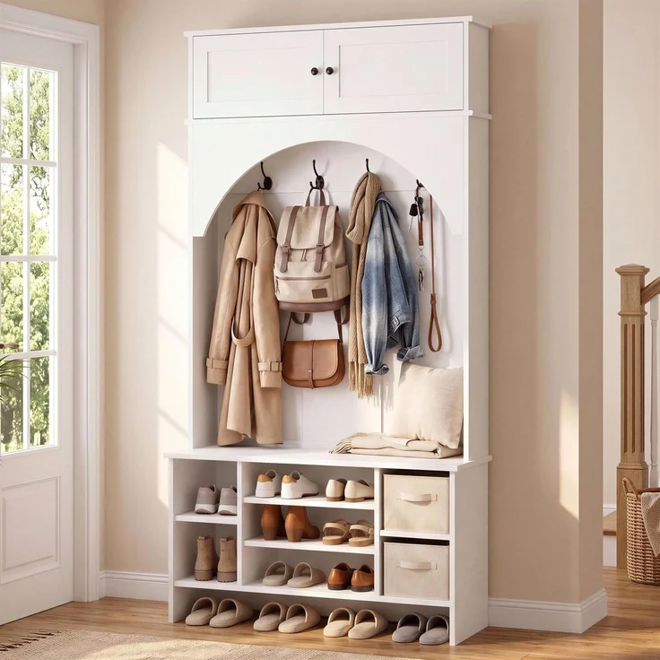 IRONCK Garderobenständer, Garderobe mit Sitzbank und Schuhregal, Weiß | Flurmöbel mit Oberschrank, 4 Dreifach-Haken und 7 Schubfächern, Kleiderständer, Eingangsmöbel für Schlafzimmer 100x35x186 cm