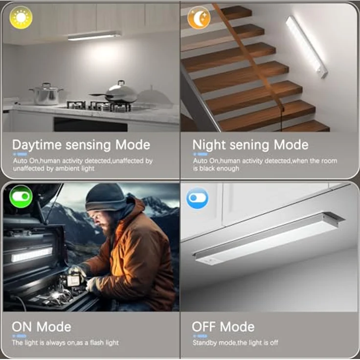 OUILA Schrankbeleuchtung LED mit Bewegungsmelder 2 Stück Schranklicht Schrankleuchte Led Leiste Batterie USB Wiederaufladbar Unterbauleuchte Küche für Kleiderschrank, Treppe, Kofferraum, RV – Bild 2
