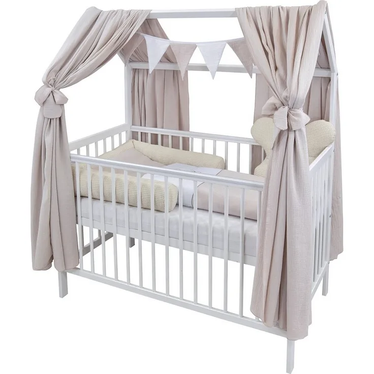 Baby-Delux Komplettbett Hausbett Babybett Komplettset Waffelpique Musselin, 12-tlg, Kinderbett 60x120 cm weiß, Bettset verschiedene Designs