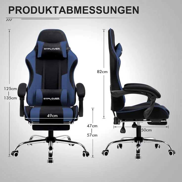 GTPLAYER Gaming Stuhl Stoff, Bürostuhl Massage Gaming Sessel Ergonomischer Gamer Stuhl mit Fußstütze, Kopfstütze Massage-Lendenkissen, Gepolstert Gaming Chair, Drehsessel, blau – Bild 8