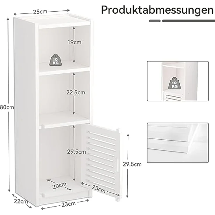 Dripex Badezimmerschrank, Badschrank schmal, Toilettenschrank, Beistellschrank für Bad, Flur, Küche, Wohnzimmer, 80 x 25 x 22 cm,weiß – Bild 3