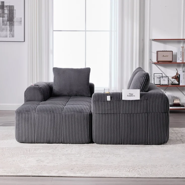 LVHOM Ecksofa 3 sitzer, Bodensofa mit Seitentaschen und Getränkehalter, Polstersofa aus Cordstoff, frei Kombination, Modulares Chaiselongue-Sofa-Set, 253x158x61 cm – Bild 9