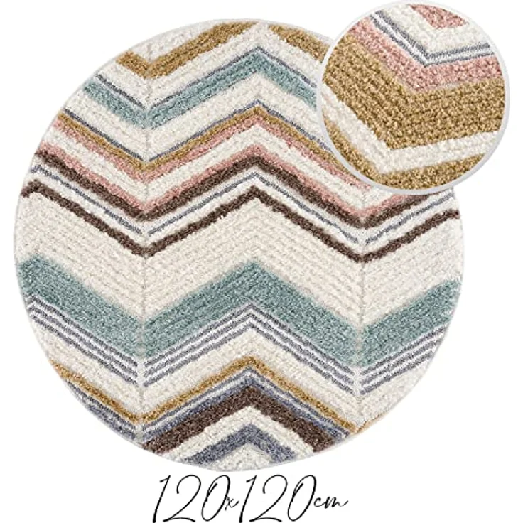 Teppich Rund - Hochflor - 120x120cm - Boho - Geometrisch Zick Zack - Muster -Pastellfarben Multi - Skandinavisch Flauschig Weich - Wohnteppich Schlafzimmer Dekoration – Bild 4