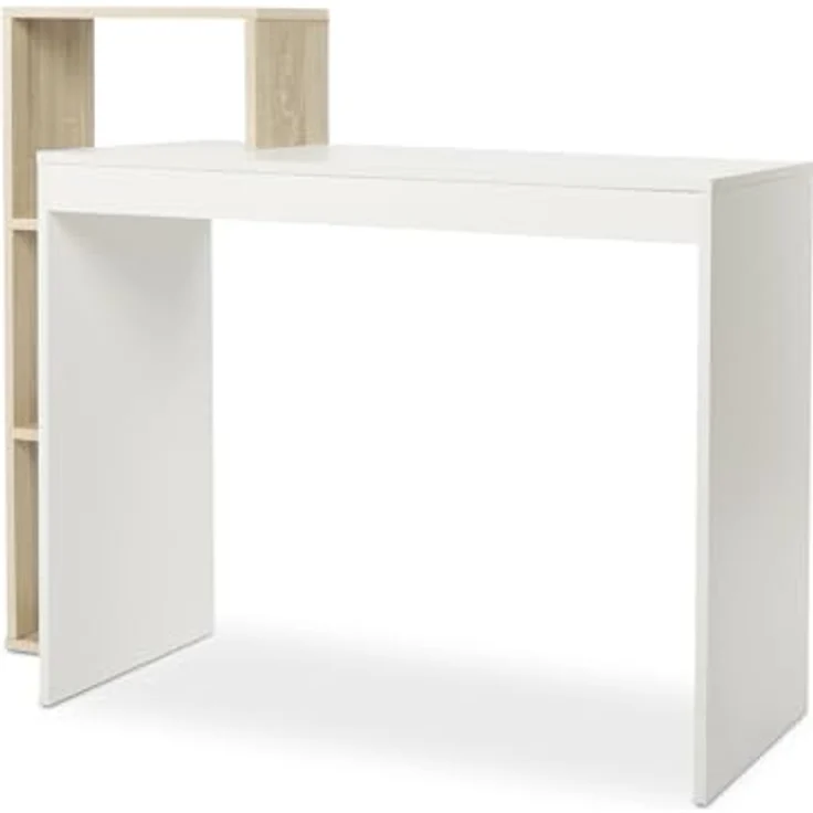 Mondeer Kleiner Schreibtisch, Moderner Computertisch mit 3-stöckiges Regal, Platzsparend, 110 x 40 x 92 cm, Geeignet für Heimbüro Arbeitszimmer Kleiner Platz, Weiß und Eichefarben – Bild 5