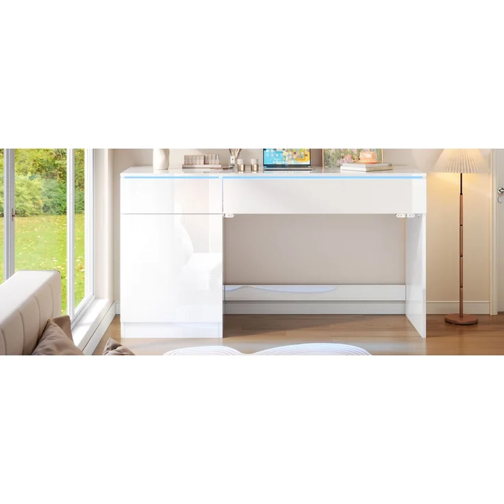 ZUBALIYA Hochglanz Schreibtisch 120 x 50 cm mit LED-Beleuchtung, 2 Schubladen & 1 Tür, großer Computertisch und Schminktisch, Moderner Arbeitsplatz für Homeoffice und Schlafzimmer – Bild 23
