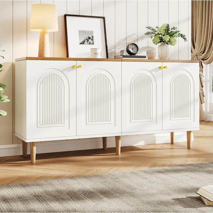 Sideboard 140 x 35 x 71 cm mit 4 Türen, 3D-Relief und Ablagefächern – Weiß und Holzton – Bild 1