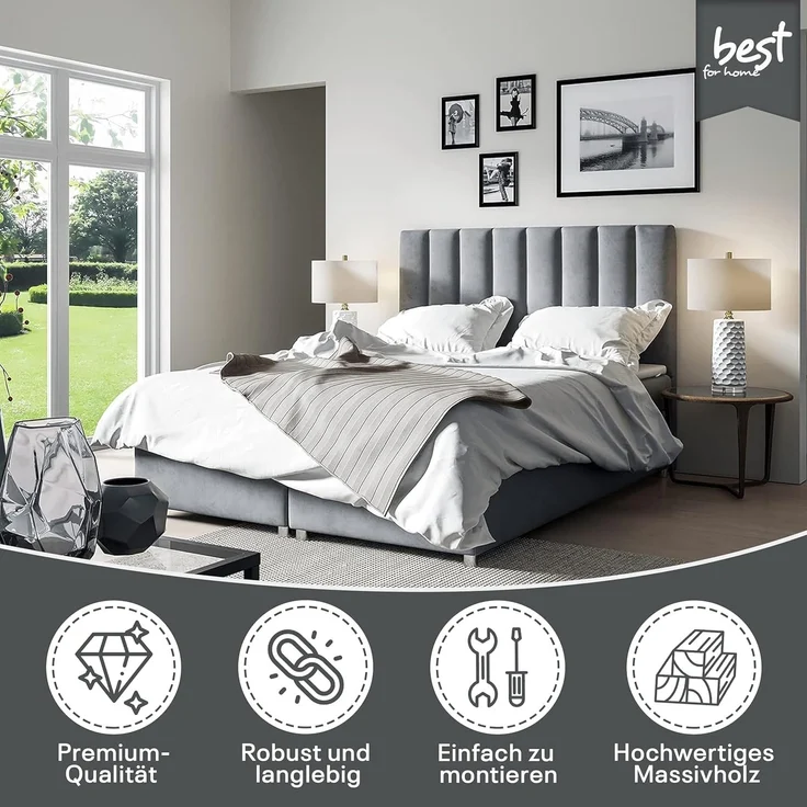 Best for Home Boxspringbett mit Bettkasten Trinity K-10 Bonellfederkern inkl. 7 cm Topper (Bonell-Matratze, gepolstertes Kopfteil, Doppelbett versch. Größen, 140x200 160x200 180x200 200x200 cm), Handwerksqualität, TOP Preis-Leistungs-Verhältnis – Bild 2