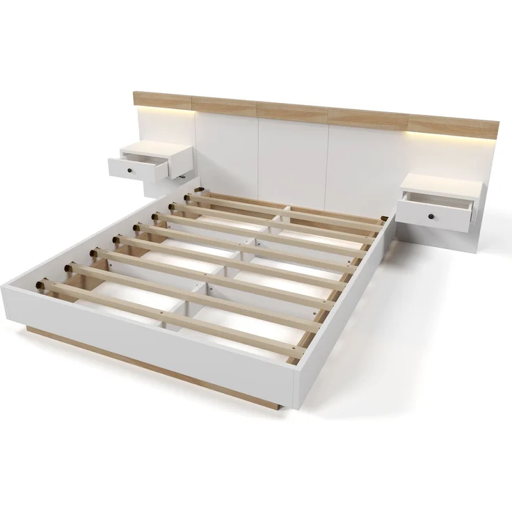 Doppelbett aus Holzwerkstoff mit LED-Nachttischen & USB-Anschluss, 180x200 cm, Eiche/Weiß, ohne Matratze – Bild 9