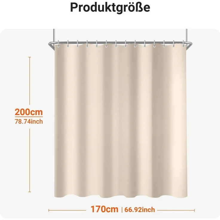 Duschvorhang Polyester Stoff 170x200cm Beige Wasserabweisend beschwert Saum – Bild 6