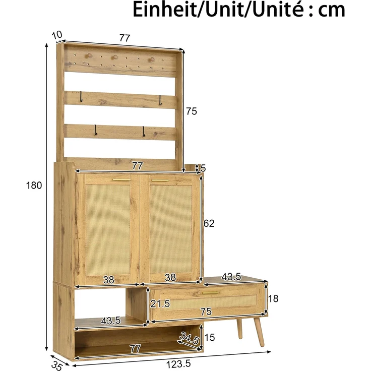 Flieks Garderobenschrank mit drehbarer Sitzbank, 2 PVC-Geflechttüren, Schuhablage und Kleiderhaken, 123.5 x 35 x 180 cm, Naturholzoptik – Bild 5
