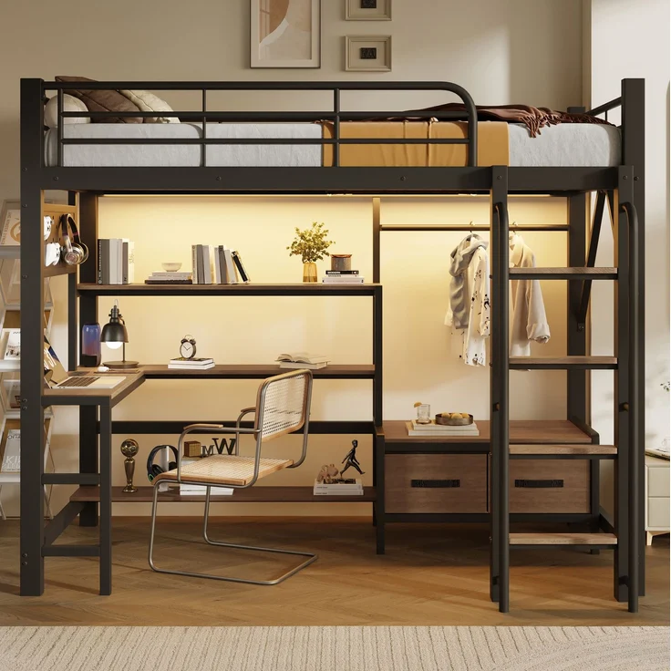 Hochbett 90x200 cm mit Schreibtisch, LED-Lichtleiste, USB-Anschluss und Stauraum, Schwarz – Ohne Matratze – Bild 2