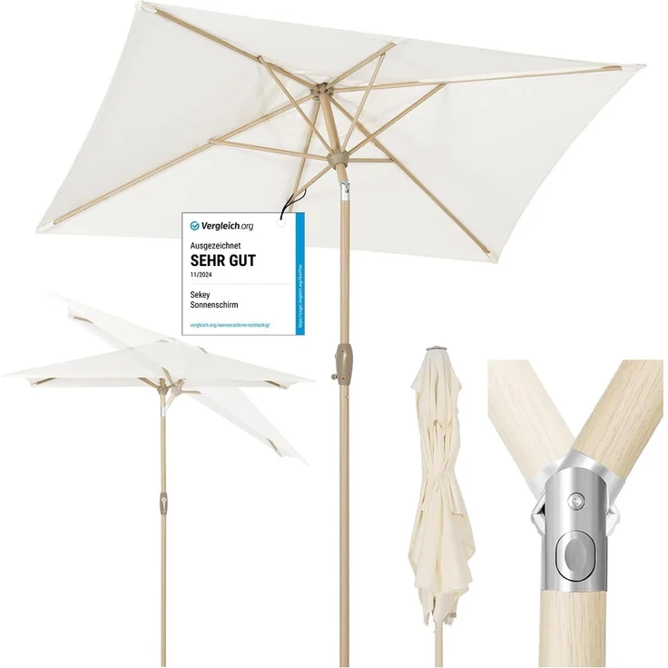 Sekey Sonnenschirm mit Kurbel und UV50+, knickbar, Aluminium creme / natur, 210 × 140 cm – Bild 1