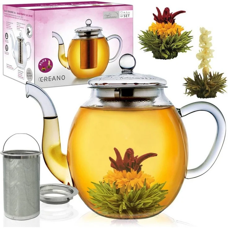 Creano Teekanne Teekanne aus Glas 1,0l - 2 Teeblumen - mit Edelstahl-Sieb und Deckel – Bild 2