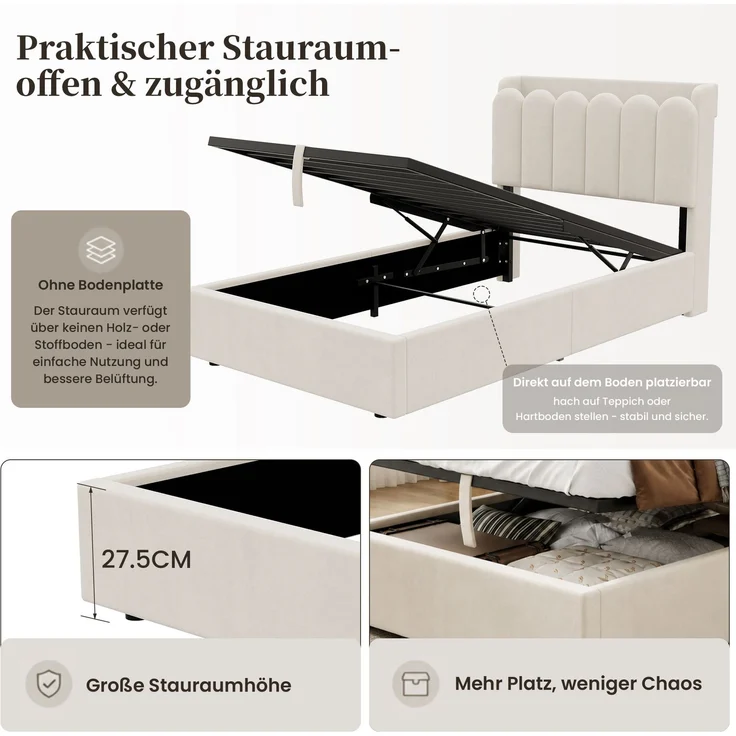 Polsterbett, Einzelbett, Kinderbett 90 x 200cm, hydraulisches Funktionsbett, Bett mit Lattenrost, gepolstertes Kopfteil, großem Stauraum und USB& Type-C-Ladestation und Leselampe, samt, beige – Bild 8