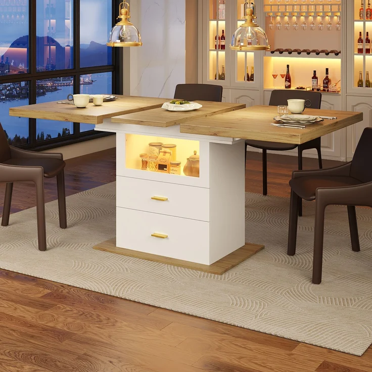 Esstisch 110/140x80x75 cm, ausziehbar mit LED-Beleuchtung, App-Steuerung und Stauraum – Bild 2