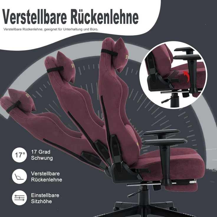 Gaming Stuhl Hochwertiger Stoff Atmungsaktiv Verstellbar Fußstütze Schwarz Rot – Bild 5
