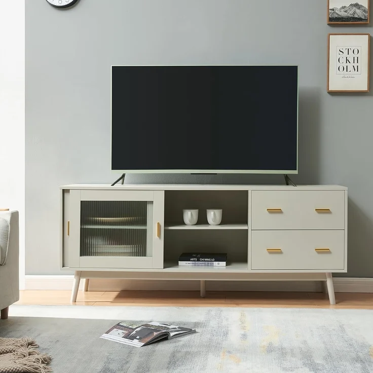 Fernsehschrank Susa mit Glas-Front 160x40x65 cm Beige [en. casa] – Bild 2