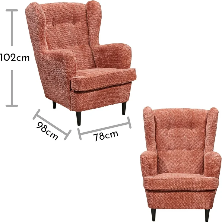 Stella Trading Oskar Ohrensessel mit geknöpfter Polsterung, Coral - Vintage Wohnzimmer Sessel mit Massivholz Füßen - 78 x 102 x 98 cm (B/H/T) – Bild 3