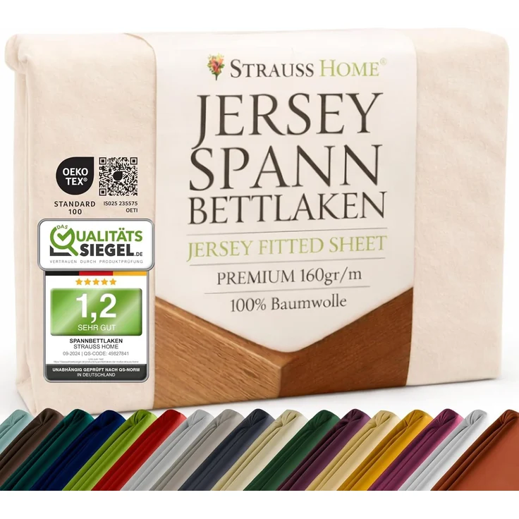 Strauss Home Spannbettlaken Premium, Gummizug: Rundumgummi, 150gr/m2 Premium Jersey 100% Baumwolle
