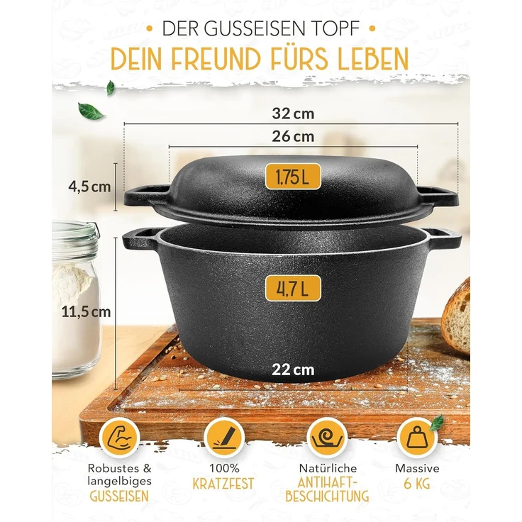 Krustenzauber Kasserolle Gusseisen Topf als Kochtopf, Schmortopf oder Brotbackform – Bild 4