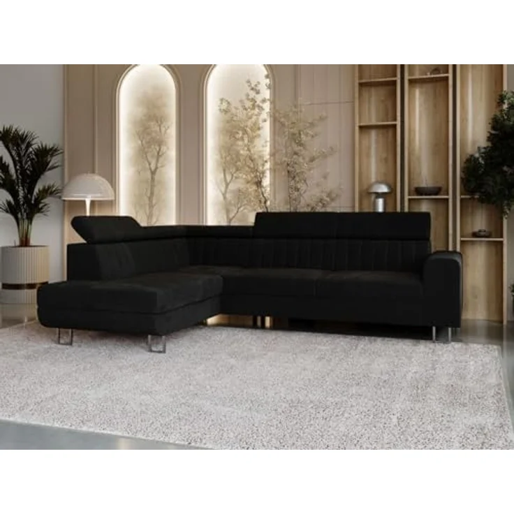GrainGold Ecksofa mit Schlaffunktion und Bettkasten BERONA L - 255x190 cm, Schwarz, verstellbare Kopfstützen, Samt – Bild 4