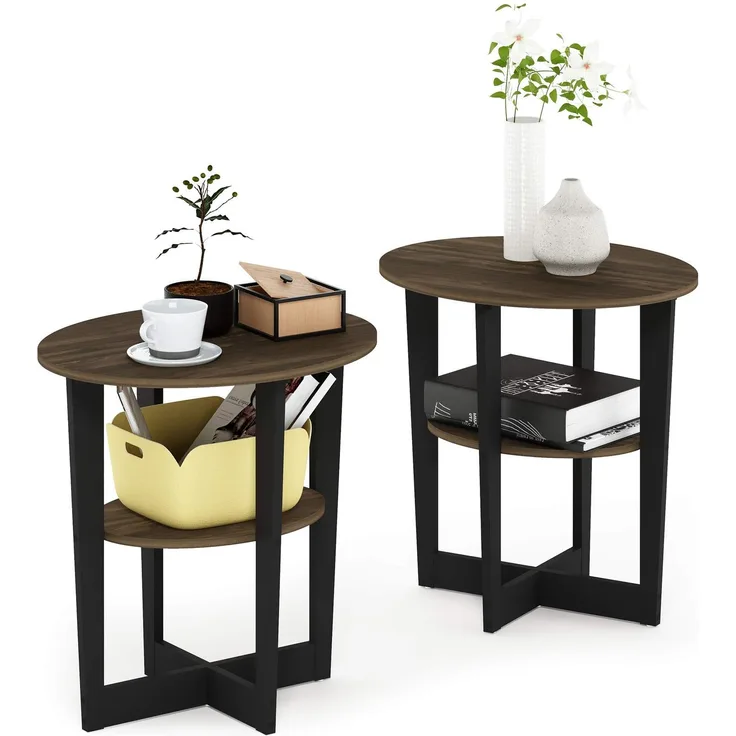 Furinno Jaya Oval Beistelltisch, Holz, Columbia Walnuss/Schwarz, 2-Pack