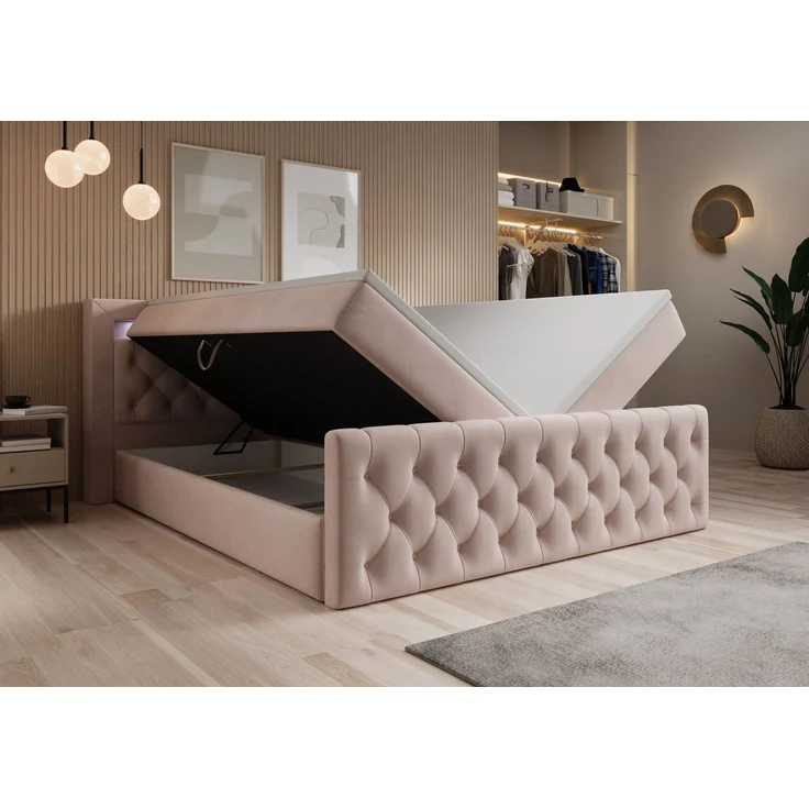 thematys Boxbett LED mit Bettkasten 160x200cm, mit Bonnellfederkernmatratze H3, Bouclé/Velours, mit Stauraum, mit 3 cm Topper, Beige (Velutto 02), Art.-Nr. S04JN0YRSJG – Bild 2