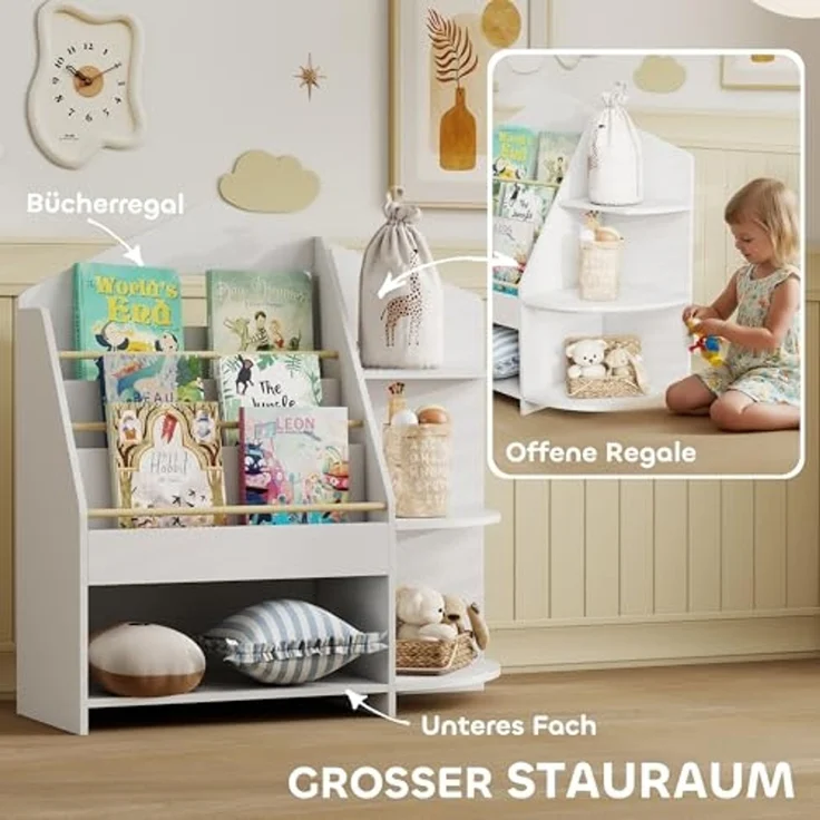 AIYAPLAY Kinderregal mit 7 Regalen, Bücherregal aus Holz 1-tlg, für Kinderzimmer, Spielzimmer, Weiß – Bild 4