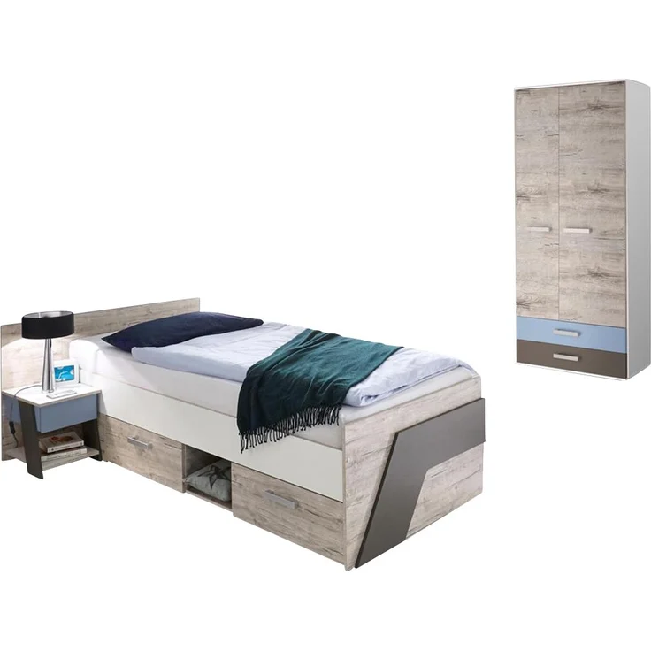 Jugendzimmer Set mit Bett 90x200 cm 3-teilig mit Kleiderschrank LEEDS-10 in Sandeiche Nb. mit weiß, Lava und Denim Blau – Bild 2