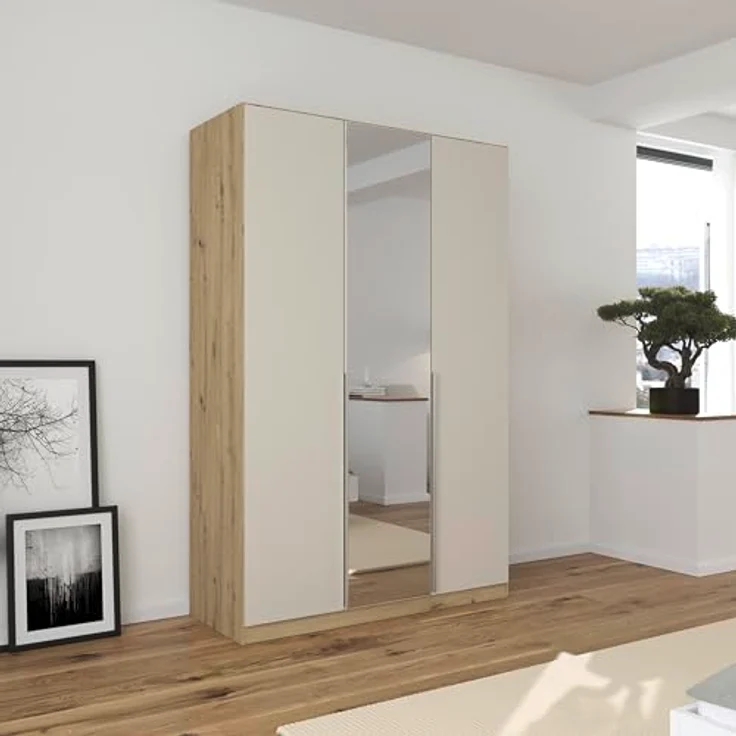 Rauch Möbel Alabama, Kleiderschrank für Schlafzimmer, Kinderzimmer, Wohnzimmer, Garderobe, Flur, 3-türig, Spiegel mit Zubehör Basic, Farbe Beige/Eiche Artisan. Holz, Breite 136 cm – Bild 3