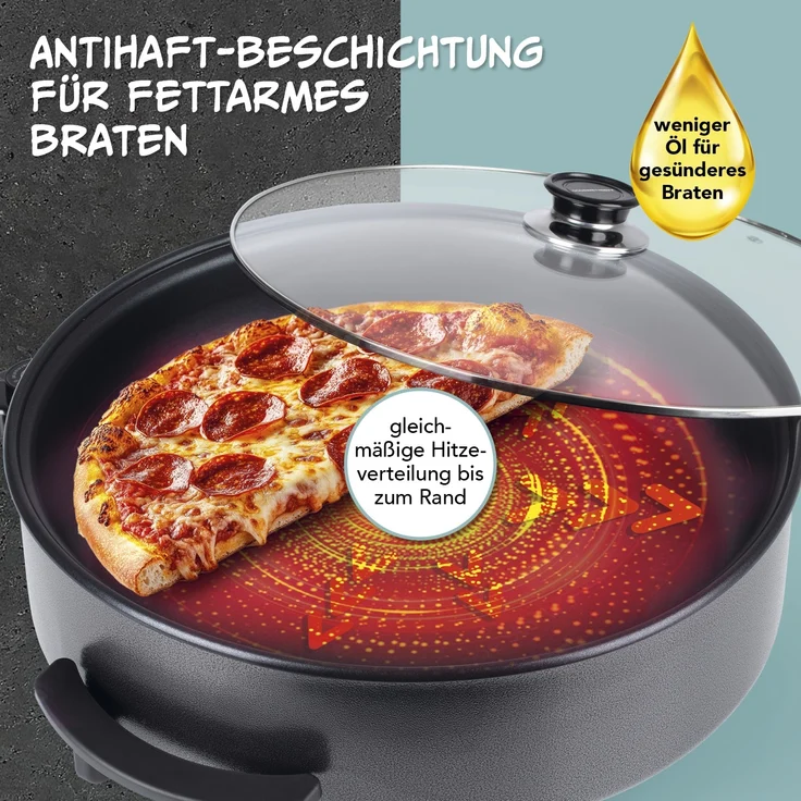 GOURMETmaxx Elektrische Pfanne 1500W metallic schwarz 42cm mit Deckel & Trenner, 1500 W, Pasta Pizza ohne Herd zubereiten Antihaftbeschichtung mit Cool-Touch – Bild 4