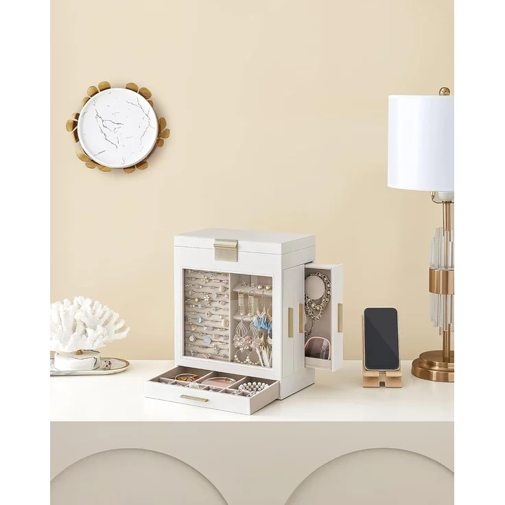 Songmics Schmuckkästchen, Schmuckkasten 5 Ebenen, Schmuckbox, Glasfenster, seitliche Schubladen, großer Spiegel, Schmuckaufbewahrung, 15,5 x 26,1 x 32 cm, wolkenweiß-metallisches Gold JBC162W01 – Bild 8