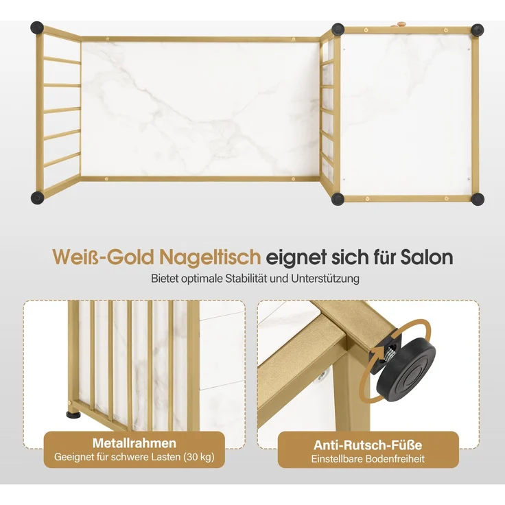BarberPub Manikürtisch mit 3 Schubladen & 2 Ablagen, Nageltisch aus Holz Metallgestell, Nagelstudio Tisch für Beautysalon, Marmor-Weiß Gold, 45,5x109x81cm, 2407 – Bild 5