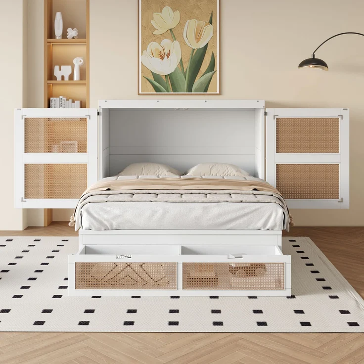 Schrankbett aus Holz mit Lattenrost & Schubladen, 140x200 cm, Weiß, ohne Matratze – Bild 2