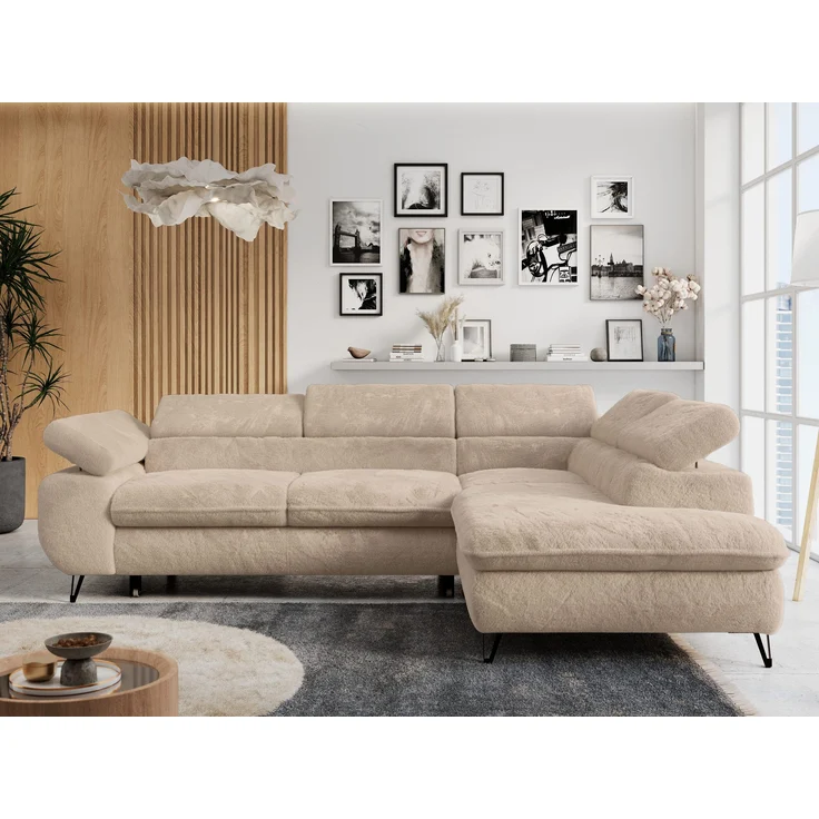 Ecksofa mit Bettfunktion, Modern Sofa, L-form, Einstellbare Kopfstützen, Bettkasten - PETER - Beige Plüsch - Topper T25 - rechts – Bild 1