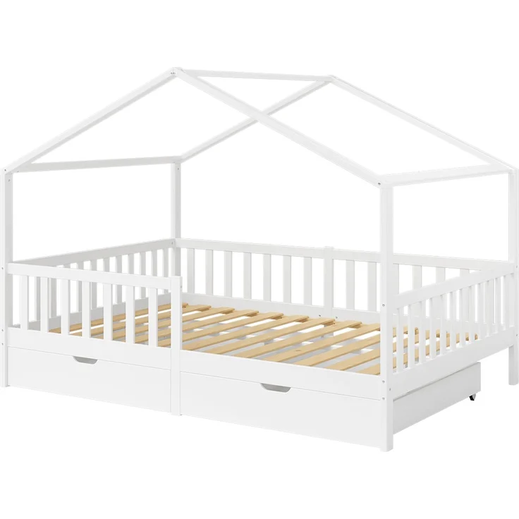 Bellabino 'Bia' Hausbett 140x200 cm mit 2 Schubladen, weiß, Kiefer Massivholz, Montessori Kinderbett mit Stauraum, inkl. Rausfallschutz und Lattenrost – Bild 2