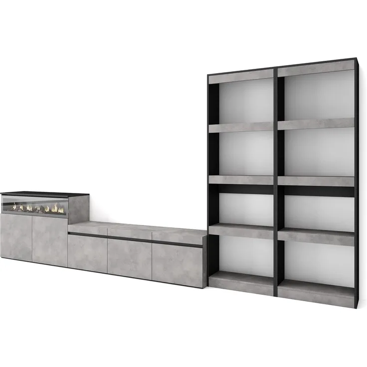 Skraut Home | Wohnwand Wohnzimmer | Wohnzimmermöbel, Möbelset | 370 x 186 x 35 cm | Für TV-Geräte bis zu 65" | Elektrokamin. | Moderner Stil | Zement