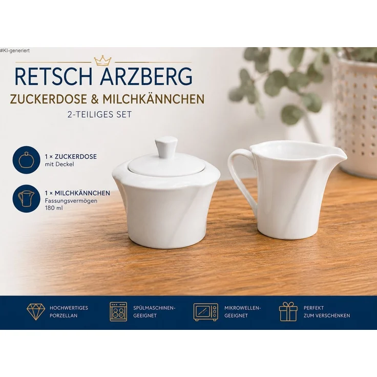 Retsch Arzberg Zuckerdose & Milchkännchen aus Porzellan – 2-teiliges Set, (Zuckerdose mit Deckel & Milchkännchen 180 ml) – Bild 1