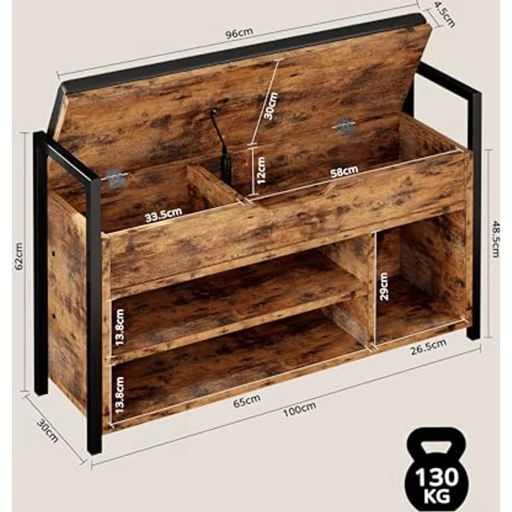 IRONCK Schuhbank mit Sitzfläche, Sitzbank mit Stauraum, Schuhschrank,100 x 30 x 62 cm, 3 offene Fächer, Kunstleder, 130kg belastbar, Schuhregal für Eingang,Flur,Wohnzimmer,Schlafzimmer (Vintagebraun) – Bild 3
