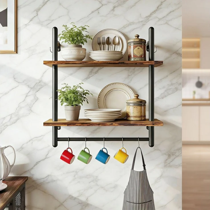 BlingBin Wandregal 2-stufiges schwebendes Rohrregal, Küchenregal mit Rundrohr und Haken, Industrial Regal 1-tlg, Schweberegal, Gewürzregal, Holzregal für Dekoration und Aufbewahrung – Bild 1