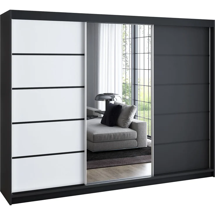 A&J MöbelLand 'Viluno 2' Schwebetürenschrank mit 4 Schubladen und Spiegel, Spanplatte, 215 x 59,5 x 200 cm, Weiß / Schwarz / Schwarz / Schwarz – Bild 1