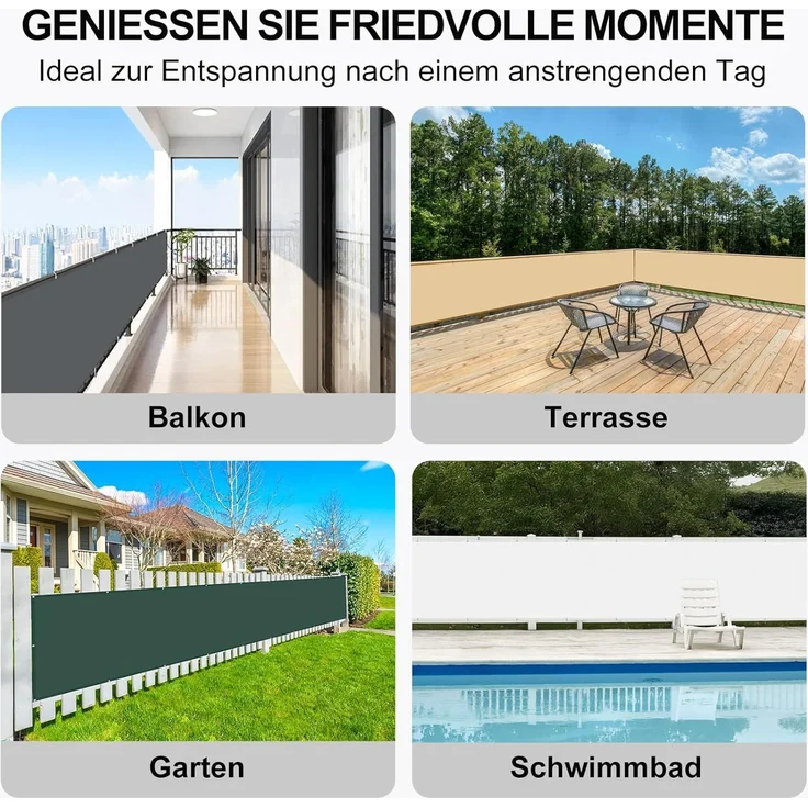 HENG FENG Balkon Sichtschutz 100x500 cm,160g/㎡ PES UV-Schutz Balkonverkleidung, Balkonabdeckung Wetterfest, mit Kabelbindern, Anthrazit – Bild 7